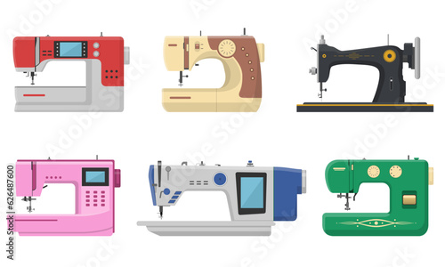 Sewing machine set isolated on white background. Mechanical devices for stitching fabric and creating garments. Retro and modern machines for sewing. Equipment of a dressmaker. Vector illustration