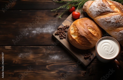Cup Hot coffee bread on a dark retro background, croissants, jam, butter, yogurt, milk ,fruits juice and coffee. copy space clear area for text Breakfast concept .AI Generative