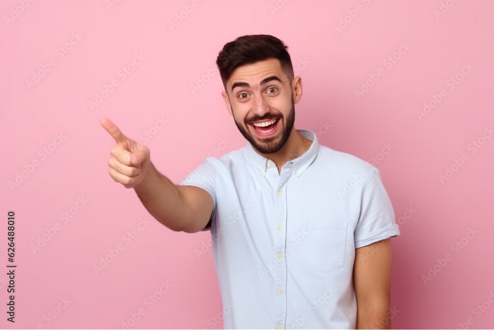 Cheerful smiling guy introduce banner pointing hand left Cheerful smiling guy introduce banner pointing hand left