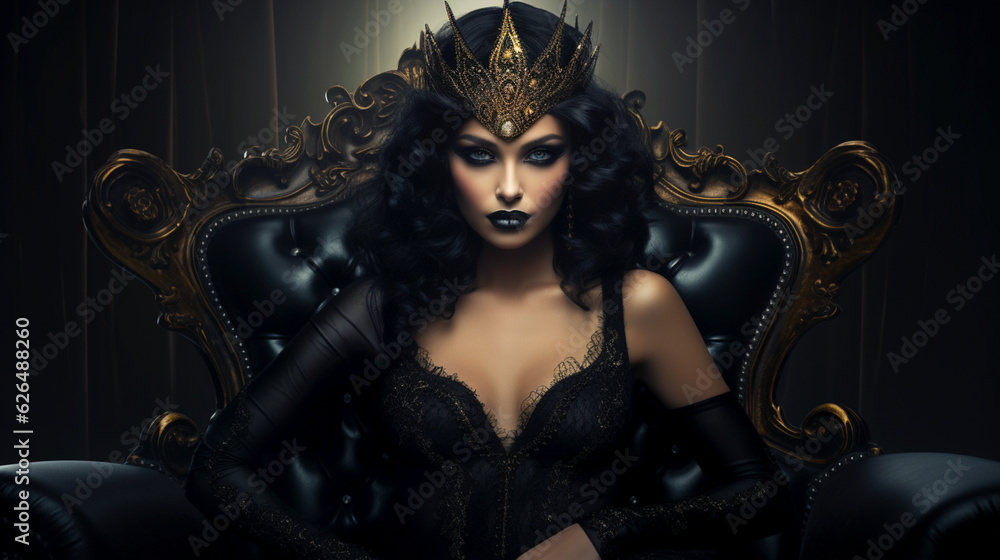Banner with beautiful sexy seductive queen on dark halloween  background. Generative AI