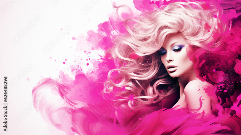 Banner with beautiful sexy blonde girl with pink wave background. Beauty and cosmetic concept. Generative AI