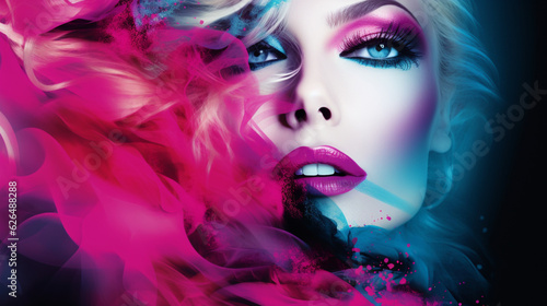 Banner with beautiful woman on stylish modern background. Copy space. Beauty and cosmetics concept. Generative AI
