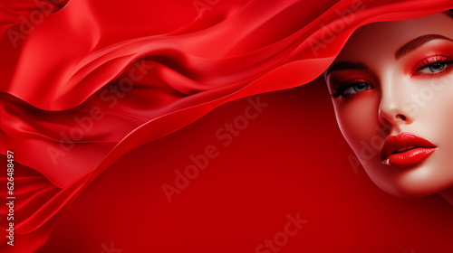 Banner with beautiful girl on isolated red silc background. Beauty make up and cosmetics concept. Copy space. Generative AI