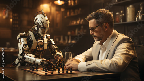 A robot playing chess with a man