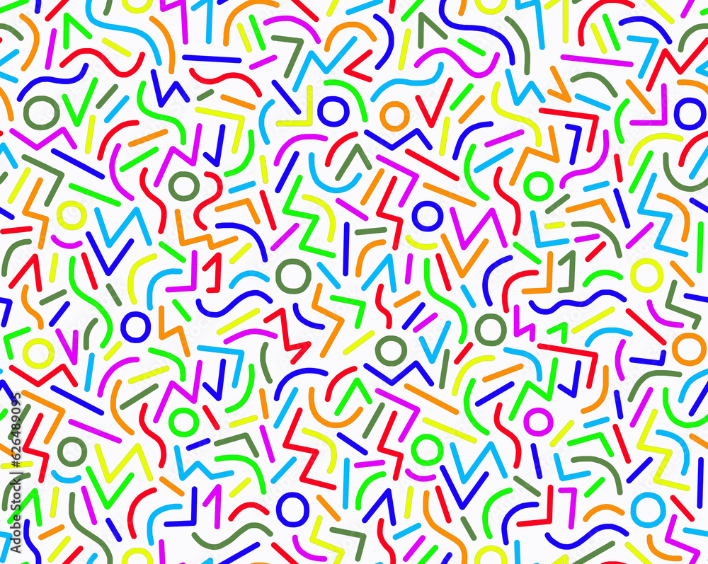 A pattern of multicolored chaotic stripes on a white background.Seamless pattern. A pattern of multicolored chaotic stripes on a white background.Seamless pattern.