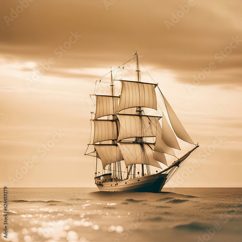 A lone squadron ship sailing the sea. sepia. a drawing