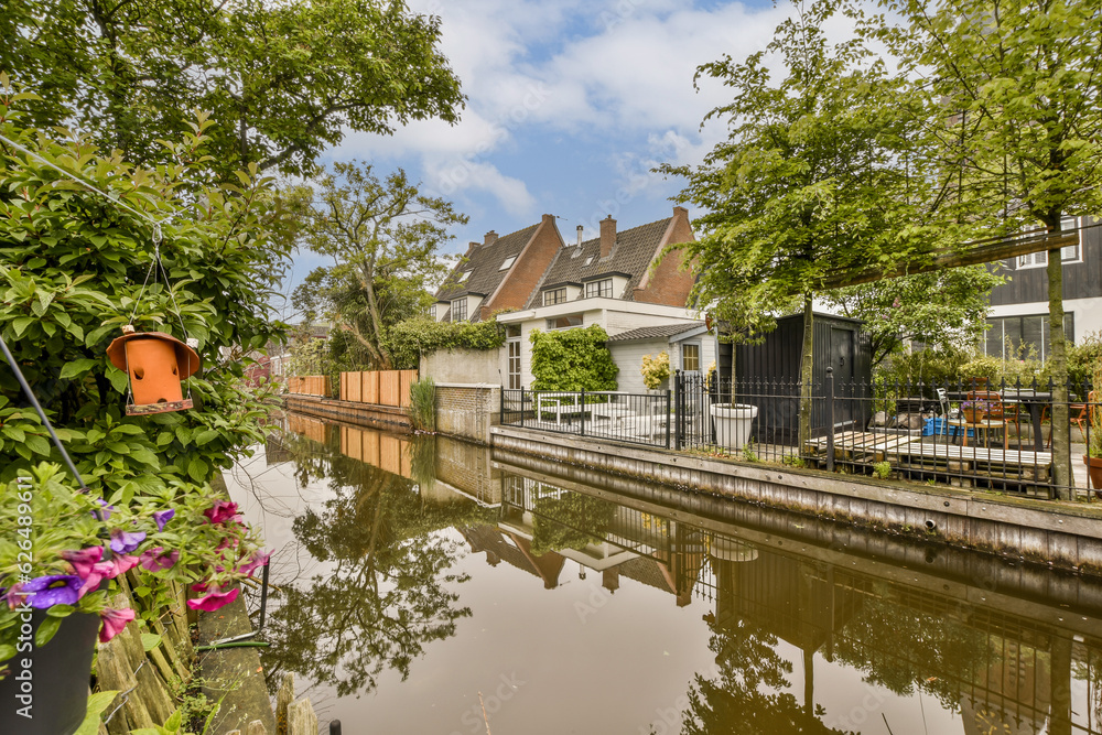 a canal in the netherlands with houses and trees on either side, as seen from across the water's edge