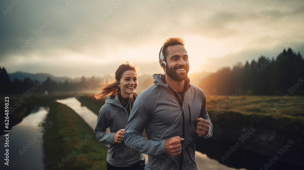 A romantic couple is jogging together in the morning sunrise.