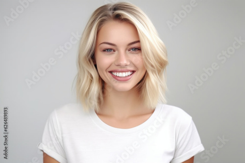 Smiling blond woman with white perfect smile and natural face, looking happy and confident at camera, standing in t-shirt against white background © alisaaa