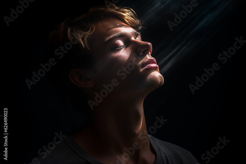 young man with dark background basking in the light with eyes close