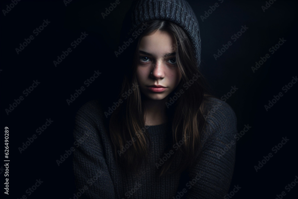 portrait of sad teenage girl on dark background, dark light photography