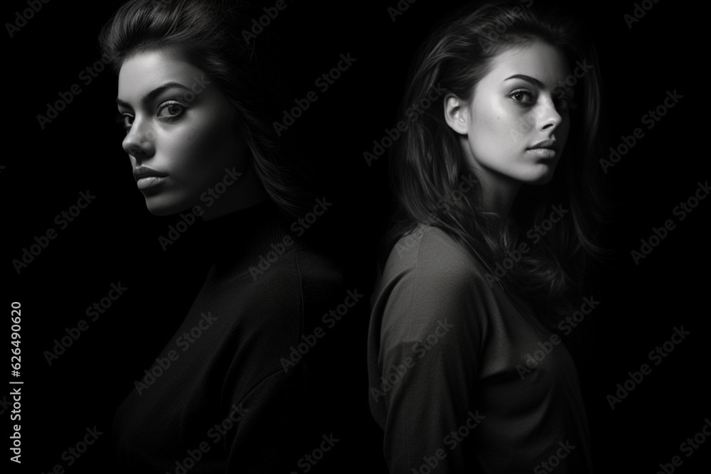 Black and white portraits of two models in studio against black background Black and white portraits of two models in studio against black background