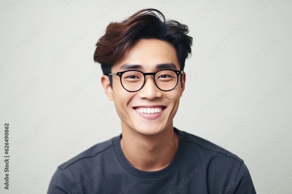 asian man portrait young male wear eye glasses smiling cheerful look thinking position with perfect clean skin posing on white background,fashion people life style concept, soft light photography