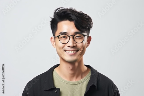asian man portrait young male wear eye glasses smiling cheerful look thinking position with perfect clean skin posing on white background,fashion people life style concept, soft light photography