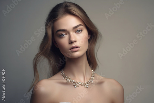 portrait of a woman with bare shoulders and jewelry on her neck on a light background, soft light photography
