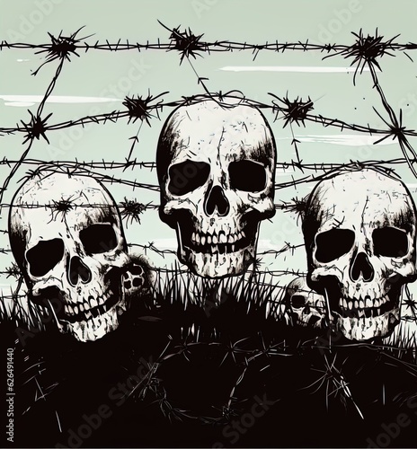 Skulls and barbed wire. Great for album covers, t-shirts, punk, gothic and macabre designs. 