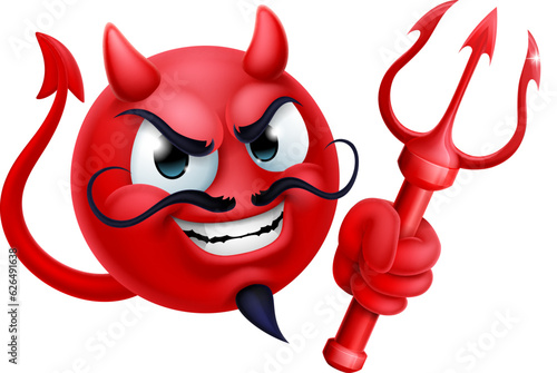 A red devil or satan emoji emoticon man face holding a trident, pitchfork or pitch fork cartoon icon mascot.