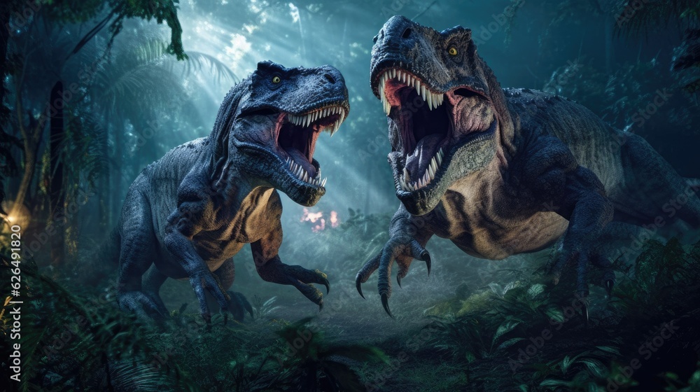 Two tyrannosaurus rex are fighting in the jungle. Tyrannosaurus rex. . Generative Ai