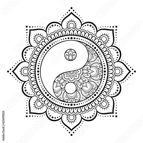 Circular pattern in form of mandala for Henna, Mehndi, tattoo, decoration. Decorative ornament in ethnic oriental style with Yin-yang hand drawn symbol. Outline doodle vector illustration.