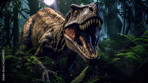 A Tyrannosaurus rex dinosaur hunting at night in the jungle. Tyrannosaurus rex. Generative Ai