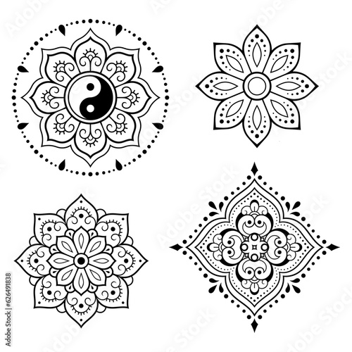 Set of circular pattern in form of mandala with flower, yin-yang symbol for Henna, Mehndi, decoration. Decorative ornament in ethnic oriental style. Outline doodle hand draw vector illustration.