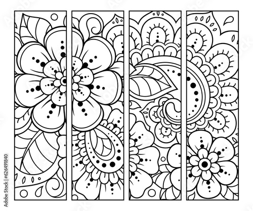 Printable bookmark for book - coloring. Set of black and white labels with flower patterns, hand draw in mehndi style. Sketch of ornaments for creativity of children and adults with colored pencils.