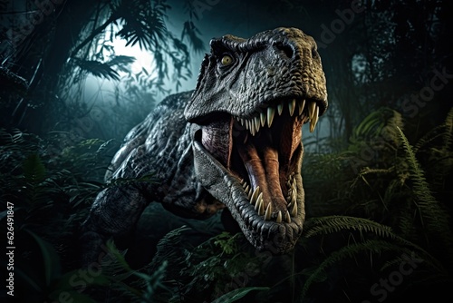 A Tyrannosaurus rex dinosaur hunting at night in the jungle. Tyrannosaurus rex. Generative Ai