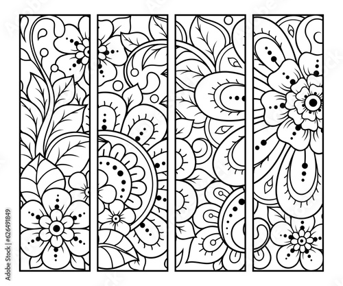 Printable bookmark for book - coloring. Set of black and white labels with flower patterns, hand draw in mehndi style. Sketch of ornaments for creativity of children and adults with colored pencils.
