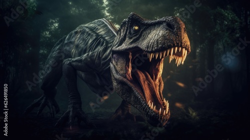 A Tyrannosaurus rex dinosaur hunting at night in the jungle. Tyrannosaurus rex. Generative Ai © tong2530