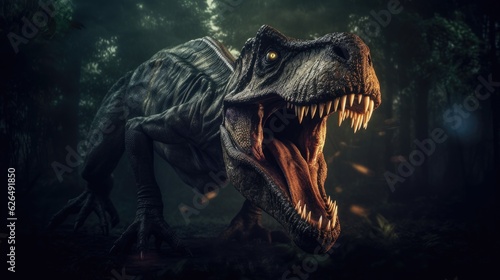 A Tyrannosaurus rex dinosaur hunting at night in the jungle. Tyrannosaurus rex. Generative Ai