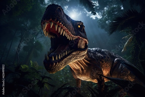 A Tyrannosaurus rex dinosaur hunting at night in the jungle. Tyrannosaurus rex. Generative Ai
