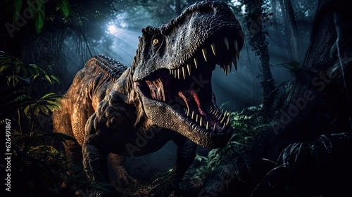 A Tyrannosaurus rex dinosaur hunting at night in the jungle. Tyrannosaurus rex. Generative Ai © tong2530