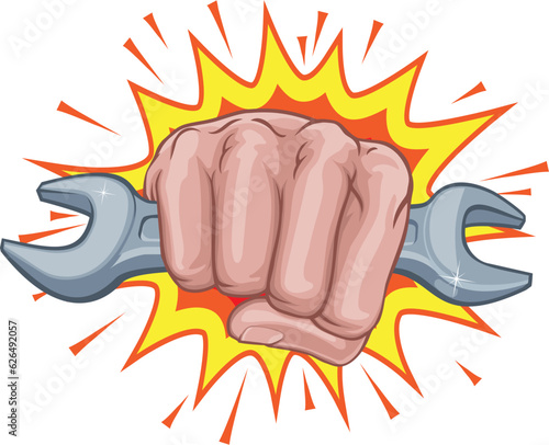 A fist hand holding a wrench or spanner in a comic book pop art cartoon illustration style. With an explosion in the background