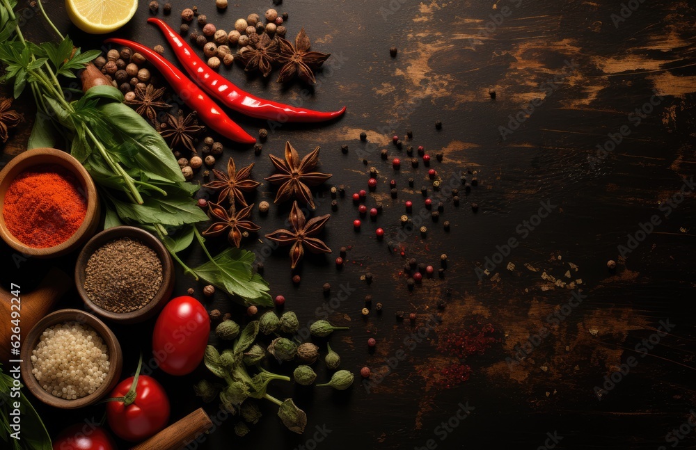 Tomatoes, basil, spices, peppers, onions, garlic, mushroom, vegetarian food spices and vegetables, top view, free space for your text, fresh basil herbs tomato pattern, cooking concept, AI Generative Tomatoes, basil, spices, peppers, onions, garlic, mushroom, vegetarian food spices and vegetables, top view, free space for your text, fresh basil herbs tomato pattern, cooking concept, AI Generative