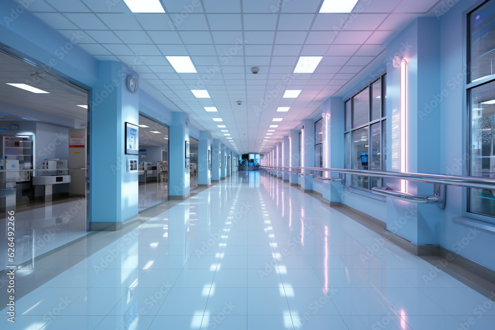 Spacious 3D rendering of a hospital corridor with blue seats and bright lighting  Generative AI