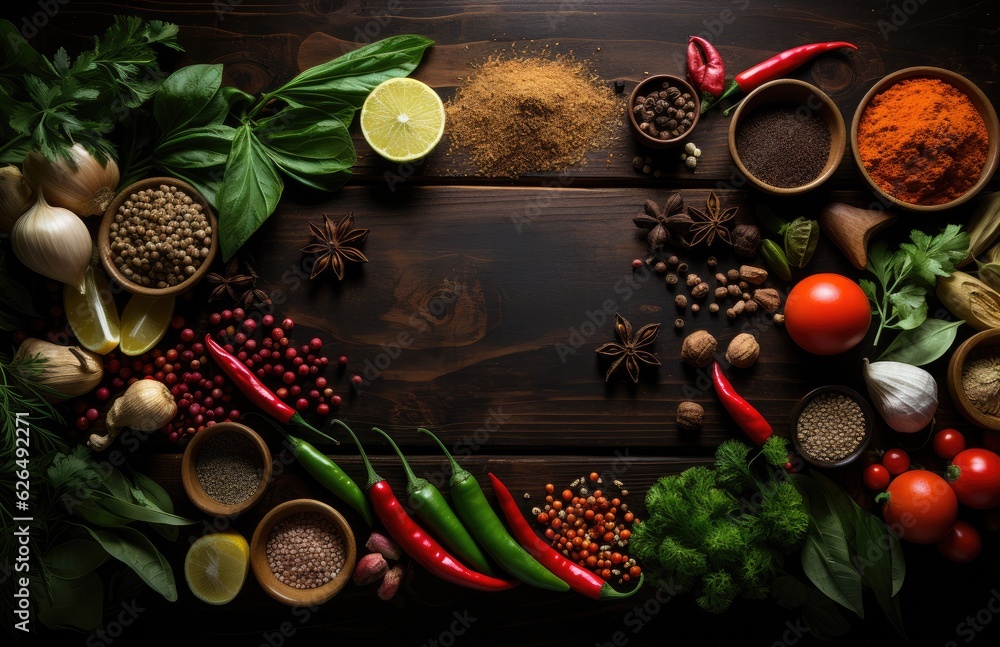 Tomatoes, basil, spices, peppers, onions, garlic, mushroom, vegetarian food spices and vegetables, top view, free space for your text, fresh basil herbs tomato pattern, cooking concept, AI Generative Tomatoes, basil, spices, peppers, onions, garlic, mushroom, vegetarian food spices and vegetables, top view, free space for your text, fresh basil herbs tomato pattern, cooking concept, AI Generative