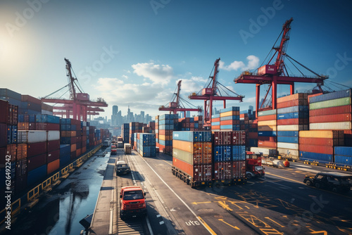 Seamless global cargo transportation, Containers loaded onto ships, planes, and trucks against an urban backdrop Generative AI