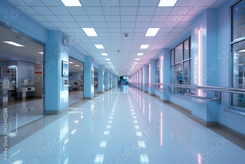 Spacious 3D rendering of a hospital corridor with blue seats and bright lighting  Generative AI