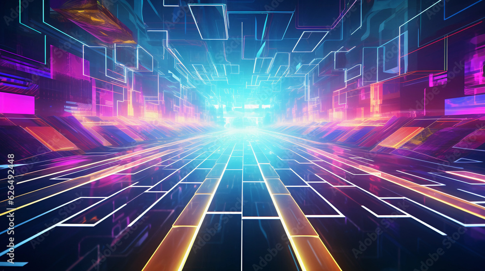 Obraz premium A 3D rendering of a vibrant, neon - colored cyberspace filled with floating geometrical shapes and light trails. Futuristic, high contrast, with glows and lens flares, resembling a scene from TRON. Re