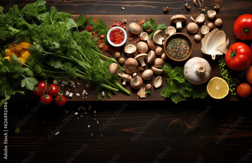 Tomatoes, basil, spices, peppers, onions, garlic, mushroom, vegetarian food spices and vegetables, top view, free space for your text, fresh basil herbs tomato pattern, cooking concept, AI Generative