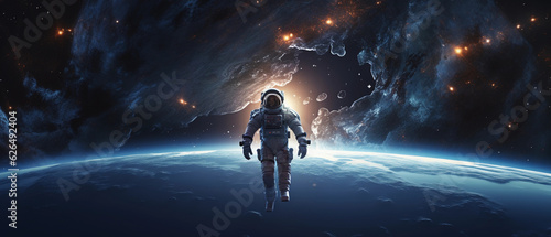 An astronaut floating in a serene space environment, surrounded by a galaxy of stars, Milky Way in the background, space helmet reflecting Earth. Rendered in high detail, ultra - high definition, cine