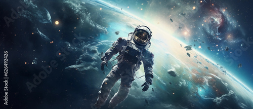 An astronaut floating in a serene space environment, surrounded by a galaxy of stars, Milky Way in the background, space helmet reflecting Earth. Rendered in high detail, ultra - high definition, cine