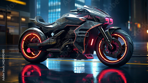 a futuristic motorcycle, sleek design, chrome and neon accents, parked on a wet neon - lit street at night. Inspired by cyberpunk aesthetics, detailed reflection