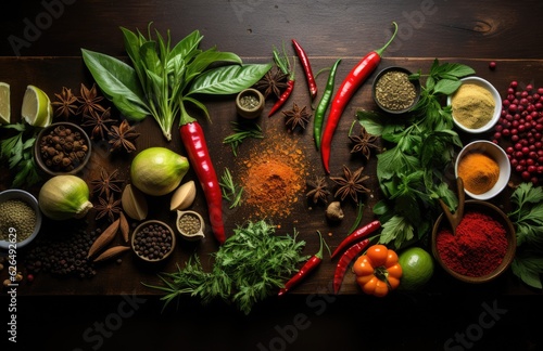 Tomatoes, basil, spices, peppers, onions, garlic, mushroom, vegetarian food spices and vegetables, top view, free space for your text, fresh basil herbs tomato pattern, cooking concept, AI Generative