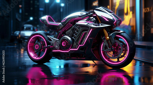 a futuristic motorcycle, sleek design, chrome and neon accents, parked on a wet neon - lit street at night. Inspired by cyberpunk aesthetics, detailed reflection
