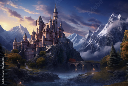 a medieval castle at twilight, nestled in a lush valley, with a star - studded sky overhead. Rendered in high detail, fantasy style, deep shadows and atmospheric lighting