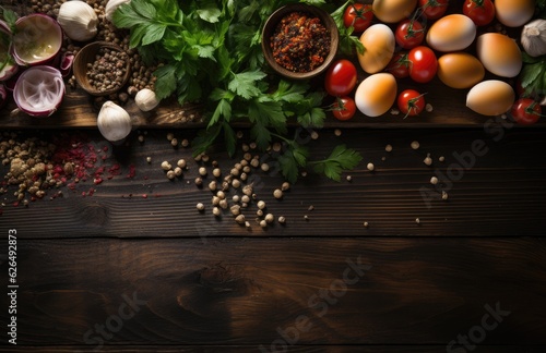 Tomatoes  basil  spices  peppers  onions  garlic  mushroom  vegetarian food spices and vegetables  top view  free space for your text  fresh basil herbs tomato pattern  cooking concept  AI Generative