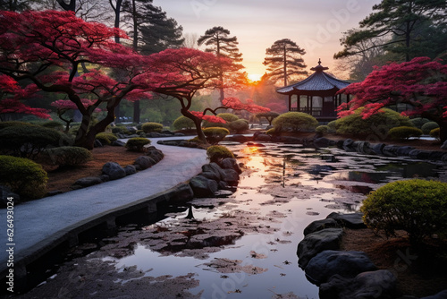 Fototapeta A lush Zen garden at dawn, perfectly manicured plants and a serene pond with koi