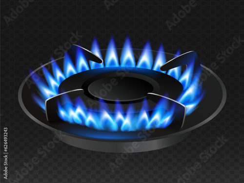 Gas stove with a blue flame is on at full power. Enlarged view of the front gas stove head. Isolated on transparent black background. Realistic vector file.