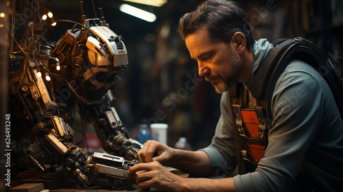 A wide picture of a modern robot helping a man in repairing © Graphic Hunters